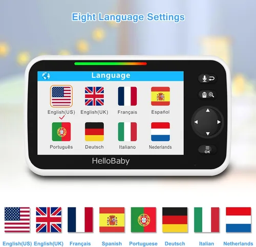 Miniatura 7 de HelloBaby Monitor con cámara y audio, pantalla de 5'' con transmisión de video de 16 horas, cámara remota con panorámica-inclinación-zoom