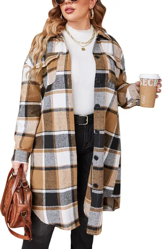 IN'VOLAND Camisas de franela a cuadros de talla grande para mujer, manga larga, con solapa, estilo novio, con botones, chaqueta larga de tartán
