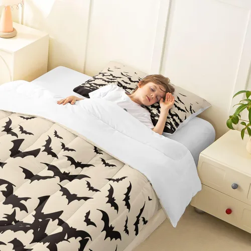 Miniatura 2 de Feelyou Juego de edredón de murciélago para niñas y niños, tamaño individual, edredón de Halloween decorativo en blanco y negro, juego de ropa