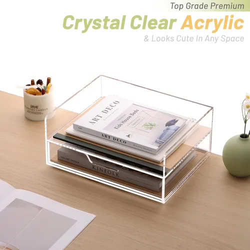 Miniatura 6 de SANRUI Organizador de Bandeja de Cartas de 2 Niveles con Cajón Deslizante, Organizador de Escritorio Apilable, Bandeja de Papel de Acrílico