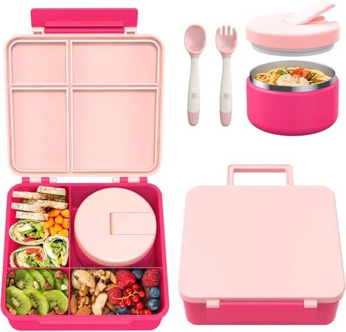 Miniatura 8 de Pawtong Lonchera Bento con termo de sopa de 8 onzas, recipientes de comida a prueba de fugas para niños con 4 compartimentos, recipiente de comida