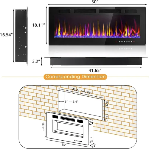 Miniatura 2 de LEMBERI Chimenea eléctrica de 50 pulgadas empotrada y montada en la pared, calentador de 750/1500 W y chimenea lineal con panel de control