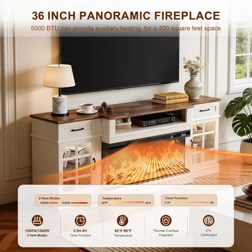 Miniatura 6 de MXV Soporte de TV con chimenea de 70 pulgadas, chimenea de vidrio de 3 lados y centro de entretenimiento moderno, consola multimedia de madera