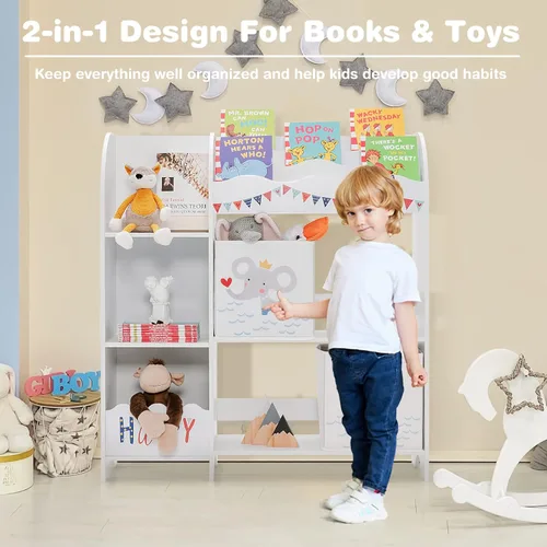 Miniatura 4 de HONEY JOY Organizador de almacenamiento de juguetes para niños, unidad de almacenamiento de madera con 2 cajas, estantería de exhibición para niños