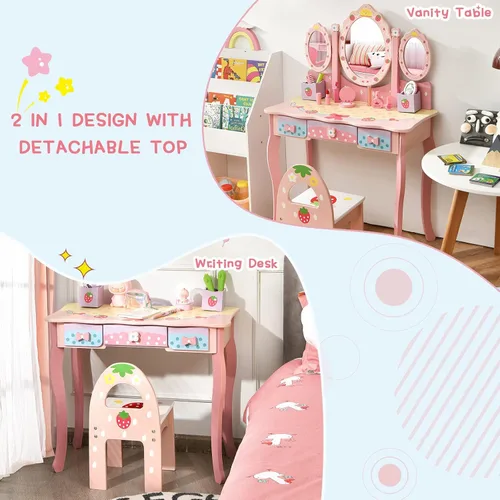 Miniatura 2 de Olakids Juego de tocador y silla de madera de fresa rosa 2 en 1 para niños pequeños con espejo de tres pliegues, taburete, cajones