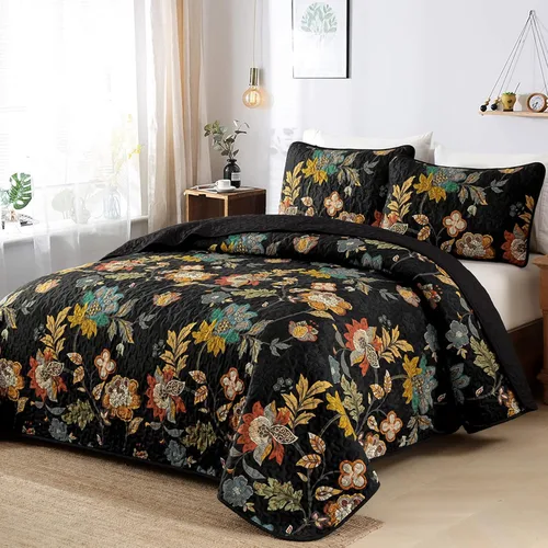 Miniatura 2 de WONGS BEDDING Juego de colcha tamaño Queen, juego de ropa de cama con estampado botánico negro, 3 piezas, colcha floral con 2 fundas de almohada