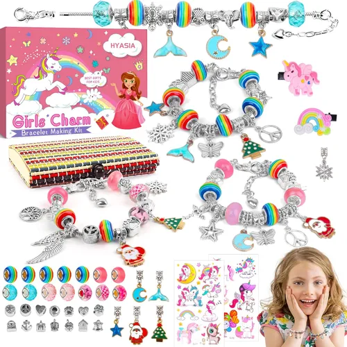 Kit de fabricación de pulseras con dijes para niñas, juguetes de unicornio para niñas de 6, 7, 8, 9, 10+ años, kit de joyería DIY para niñas de 8 a