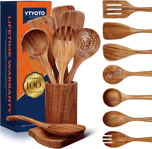 Miniatura 8 de Juego de utensilios de cocina de madera de teca natural - 4 piezas de cucharas de madera para cocinar con cucharón, espátula y cuchara ranurada