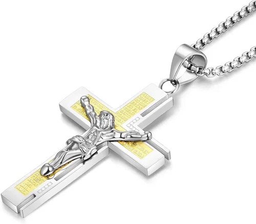 YL Collar de cruz para hombre de acero inoxidable con colgante de crucifijo de cadena Rolo de Jesucristo, joyería de oración del Señor
