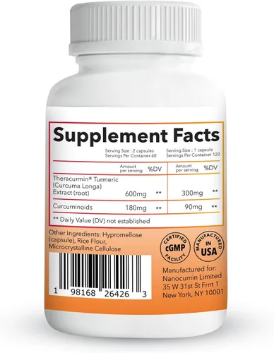 Miniatura 3 de Suplemento de Cúrcuma Curcumina Theracurmin, 120 unidades, cúrcuma y curcumina de alta absorción, suplemento articular para hombres y mujeres, 42.6X