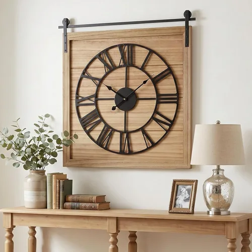 Miniatura 10 de EMAX HOME Reloj de pared grande estilo casa de campo, reloj de madera rústico cuadrado marrón de 24 pulgadas con letrero decorativo de madera