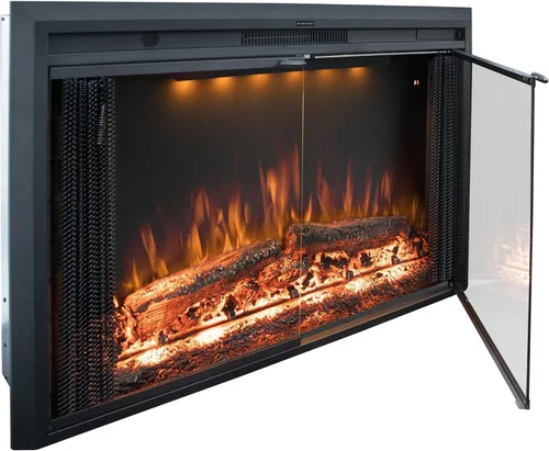 Miniatura 14 de Insertos de chimenea eléctrica de 36 pulgadas con puerta de vidrio y pantalla de malla, llamas multicolor y sonidos crepitantes de fuego