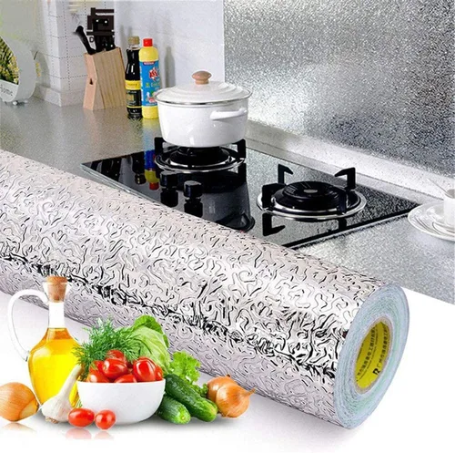 Miniatura 7 de Papel tapiz para cocina, adhesivo a prueba de aceite, salpicaduras, hoja de aluminio autoadhesiva, papel plateado, forro para gabinete, forro