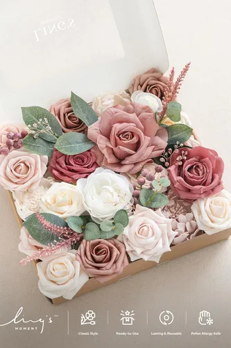 Miniatura 6 de Ling's moment Caja de Flores Falsas, Tallos de Vegetación Artificial Falsa, Rosas de Espuma, Peonías de Seda con Bayas, Eucalipto, Flor de Tela