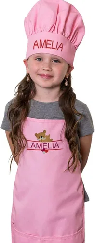 Miniatura 2 de Conjunto de delantal y sombrero personalizado para niños, diseño de animales, añade tu propio nombre para niños, cocina, horneado Blanco