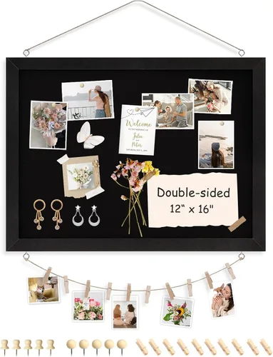 Miniatura 20 de Tablero de corcho de doble cara con lino, tablero de anuncios pequeño con marco de madera colgante de 12 x 12 pulgadas, kit de tablero de visión