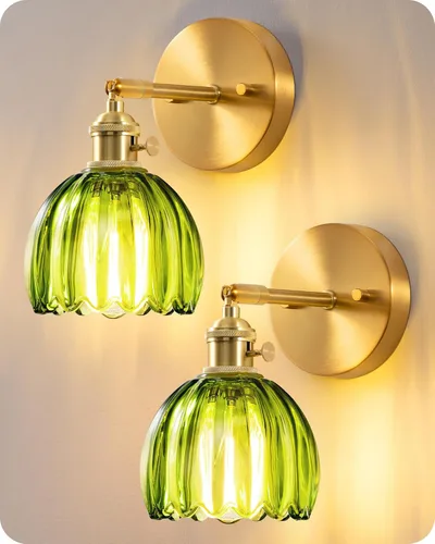 EDISHINE Juego de dos apliques de pared cableados, accesorio de iluminación de pared vintage con pantalla de cristal de tulipán verde ajustable en