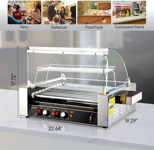 Miniatura 7 de ROVSUN Hot Dog Roller con 11 asadores para 30 hot dogs, máquina de cocción eléctrica de asador con cubierta, control de temperatura dual