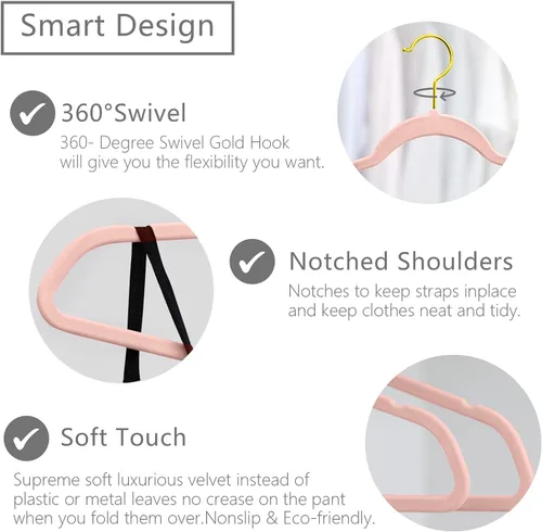 Miniatura 3 de MIZGI Perchas de terciopelo prémium (paquete de 50) resistentes y antideslizantes, perchas de terciopelo rosa rubor - ganchos dorados, perchas
