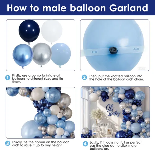 Miniatura 3 de Kit de arco de globos azules, blancos y plateados, guirnalda de globos azul marino oscuro perla azul claro metálico con globo blanco plateado