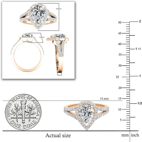 Miniatura 28 de Dazzlingrock Collection Anillo de compromiso con forma de lágrima y diamante blanco natural redondo de 0.45 quilates con halo de diamantes blancos