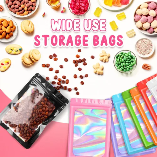 Miniatura 6 de FUNFERY 100 piezas de bolsas resellables transparentes holográficas, bolsas de embalaje a prueba de olores, bolsas de almacenamiento de alimentos