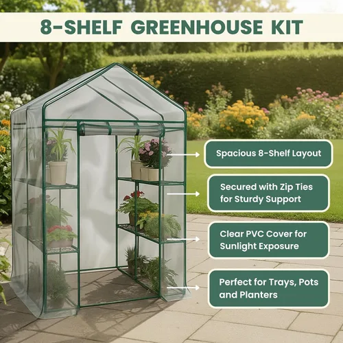 Miniatura 3 de Invernadero - Invernadero de entrada con 8 estantes resistentes y cubierta de PVC para uso en interior o exterior - 56 x 56 x 76 pulgadas Casa Verde
