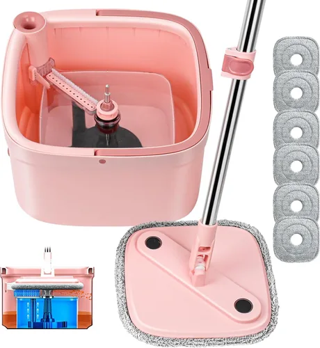Miniatura 11 de Juego de trapeador giratorio y cubeta con 2 almohadillas de trapeador de microfibra reemplazables con sistema de separación automática de agua sucia