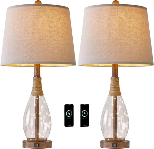 Miniatura 8 de OYEARS Juego de 2 lámparas de mesita de noche con USB, modernas lámparas de noche retro de cristal de ratán para dormitorio, sala de estar