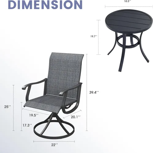 Miniatura 6 de VICLLAX Muebles pequeños de exterior de 3 piezas, 2 sillas giratorias de patio y mesa redonda pequeña para 2, sillas de carbón oscuro y negro