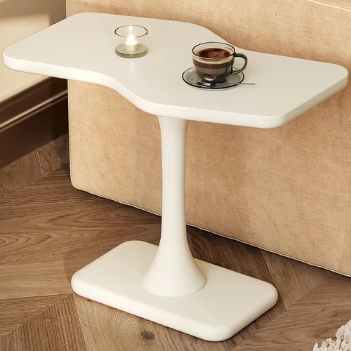 Guyii Mesa auxiliar blanca pequeña para sofá, mesa curvada para sala de estar, dormitorio