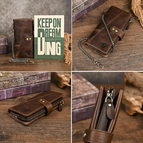 Miniatura 5 de Genuino Caballo Loco Cuero Regalo de Viaje Moneda Bolsillo Tarjetero Organizador Largo Cadena Rfid Cartera Monedero Con Broche Para Hombres Hombres