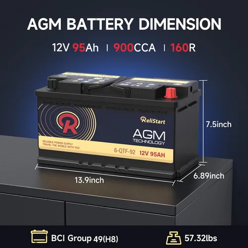 Miniatura 2 de Batería AGM BCI Group 49 - Batería automotriz de 12 V 95 AH H8 tamaño 49, baterías de automóvil AGM de 12 V Start-Stop, 900CCA, 160RC, ciclo