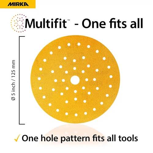 Miniatura 2 de Mirka Gold Multifit Papel de Lija de 5'' Grano 220 con Gancho y Bucle, Paquete de 50 Discos de Lija de 5 Pulgadas para Lijadora Orbital