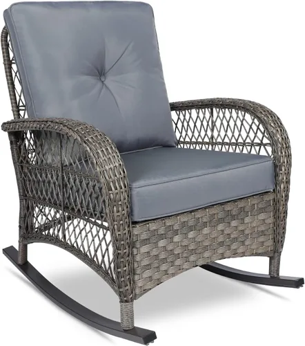 Miniatura 19 de VIVIJASON Mecedora de mimbre para exteriores, silla mecedora de ratán para patio con cojines y marco de acero, muebles de mimbre mecedores