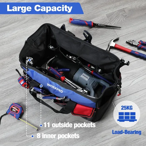 Miniatura 5 de WORKPRO Bolsa de herramientas, bolsa de herramientas de 18 pulgadas con base moldeada impermeable, bolsa organizadora de herramientas de tapa