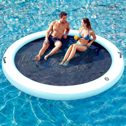 Miniatura 8 de 6-12FT Round Inflatable Floating Dock, Sunchill Float Ring, Water Hammock Tanning Pool Floats with Woven Fabric, Manual Pump for Quick Azul