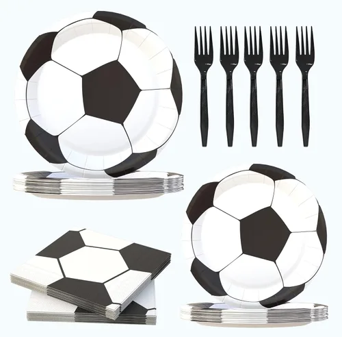 Paquete de 120 piezas de suministros de fiesta de fútbol, platos de papel, servilletas, tenedores, decoración de cumpleaños para niños para 30