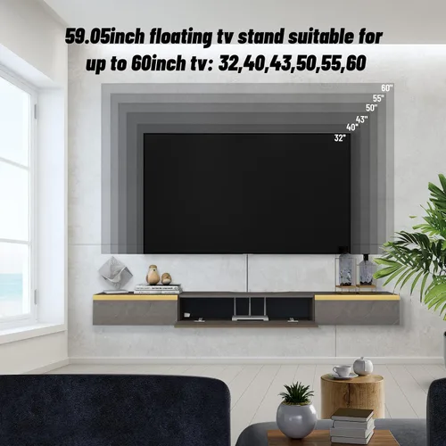 Miniatura 8 de Pmnianhua Soporte flotante para TV con 2 cajones, consola de TV de 66 pulgadas para montar en la pared, estante debajo de la TV con almacenamiento