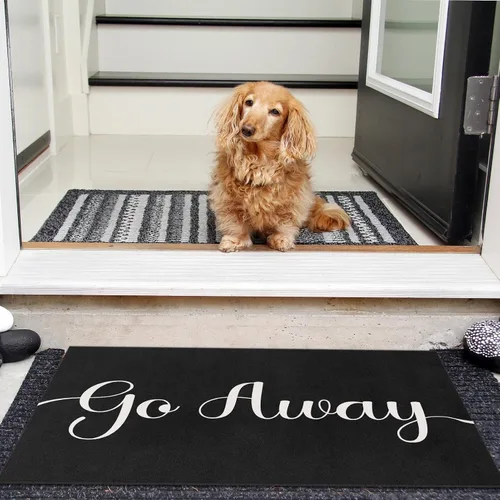 Miniatura 5 de Arttown Tapete para puerta con texto en inglés «Go Away», de 17 x 30 pulgadas, divertido tapete de bienvenida negro decorativo para el hogar, parte