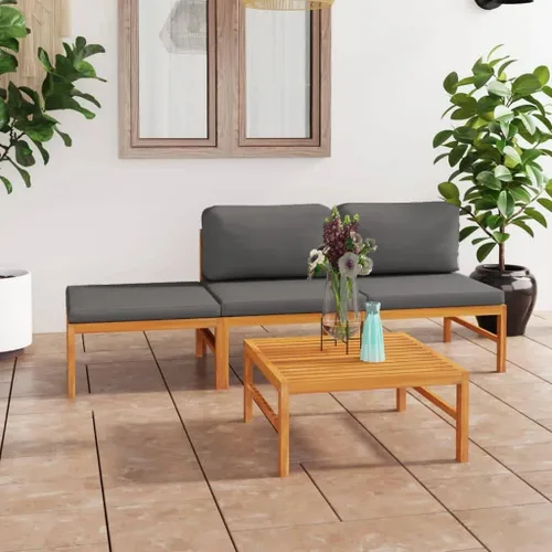 4-Piece Patio Lounge Set with Gray Cushions Solid Teak Wood Outdoor Furniture for Garden Balcony Porch Apartment Small Space