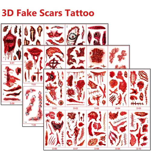 Miniatura 2 de Cicatrices falsas de Halloween, tatuajes temporales, maquillaje de sangre falsa, cortes de cicatrices falsas, puntadas falsas para la cara, tatuajes