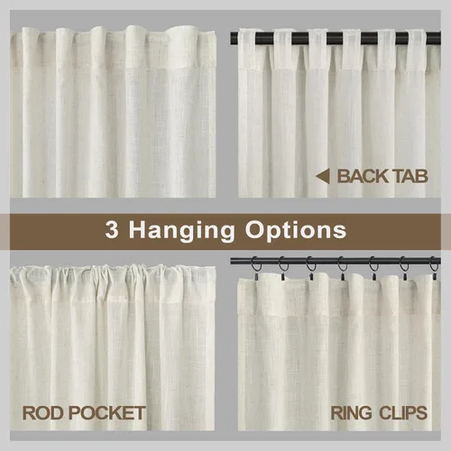 Miniatura 258 de Cortinas de lino gris claro, 2 paneles, presillas traseras, bolsillo para cortinero, semitraslúcidas, ahorran energía, estilo rústico, arpillera