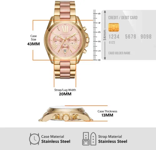 Miniatura 5 de Michael Kors Reloj Ladies Mini Bradshaw 36mm Tamaño de Caja Cuarzo Movimiento Cronógrafo Pulsera de Acero Inoxidable Tono dorado/rubor