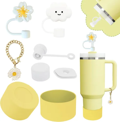 Conjunto de accesorios para taza Stanley, incluye 2 piezas de cubierta de pajita de 0.4 pulgadas, 1 tapón antiderrame de silicona, 1 lindo encanto