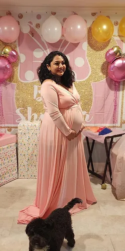 Miniatura 7 de Saslax - Vestido de noche de maternidad con hombros descubiertos, corte de medio círculo, para baby shower, fotos