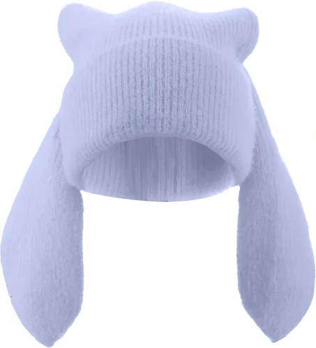 Miniatura 9 de Gorro de conejo para mujer, lindo conejo de ganchillo, gorro de invierno, cálido gorro de calavera para esquí al aire libre