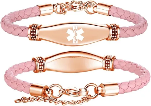 Miniatura 42 de LinnaLove Pulseras de alerta médica para mujeres, hermosas pulseras de cuero femenino para identificación médica con grabado gratuito