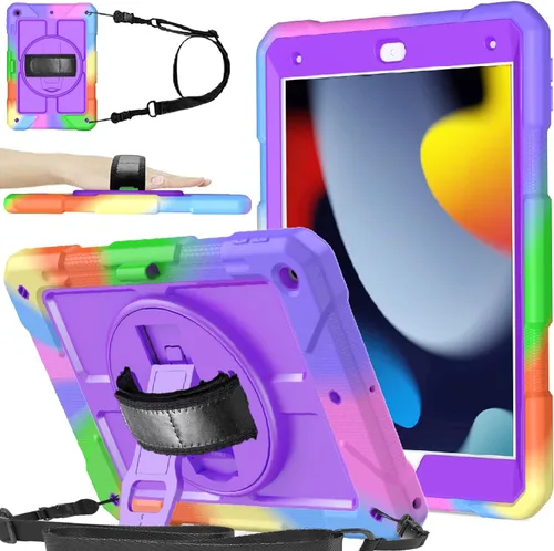 Miniatura 12 de BMOUO Funda para iPad de 9ª/8ª/7ª generación de 10.2", a prueba de golpes con soporte giratorio de 360°, correa de hombro y mano, funda para iPad