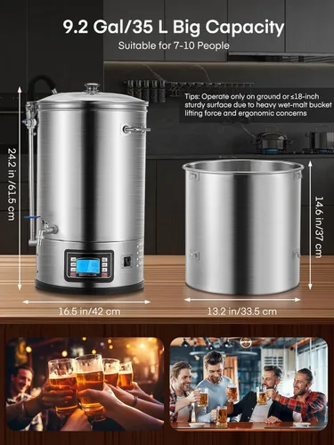 Miniatura 5 de FOHERE Sistema de elaboración de cerveza eléctrico todo en uno (9.2 galones/35L), cervecera casera de acero inoxidable, olla para puré y hervir